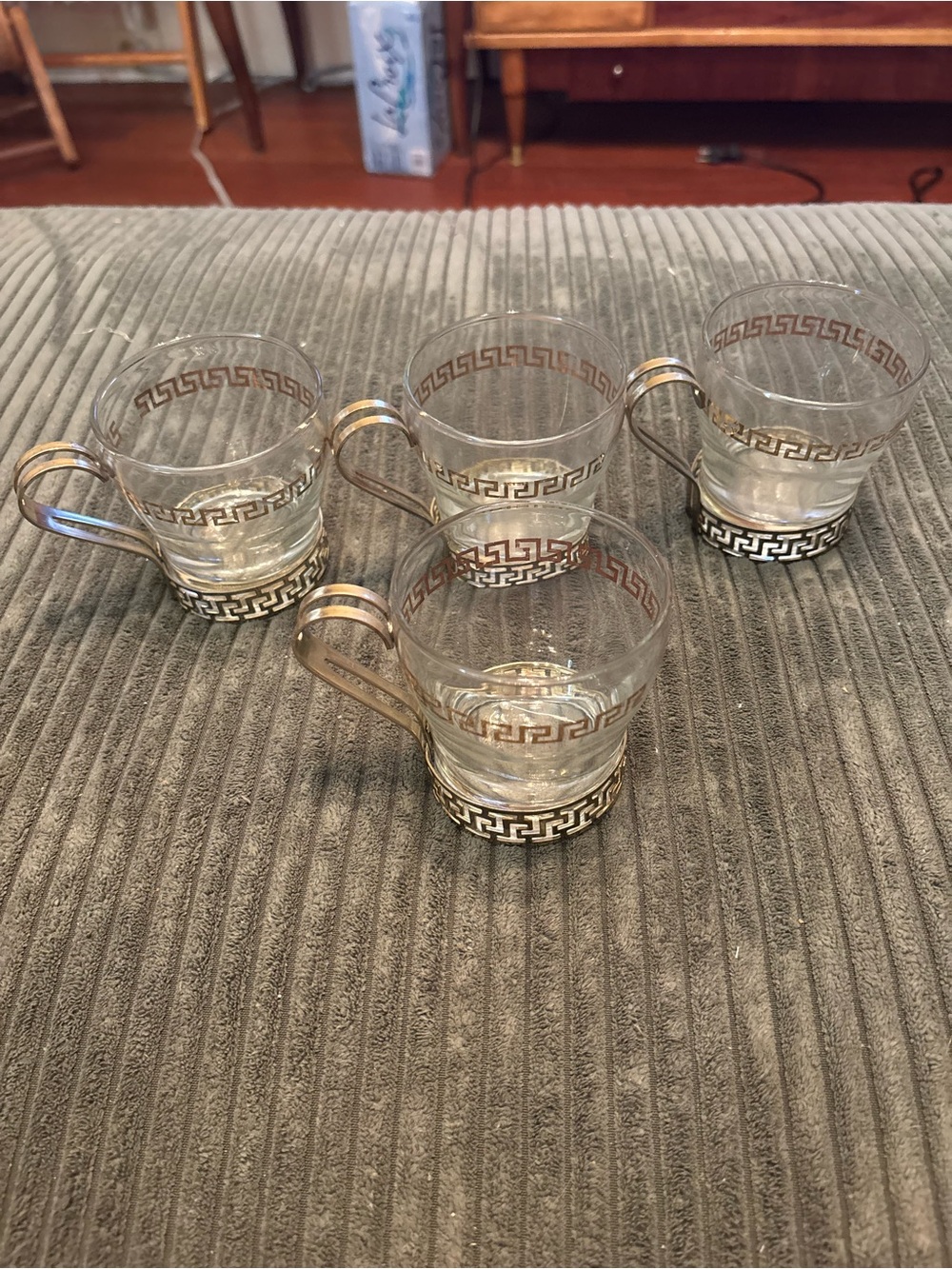 Set Of 4 Vintage Libbey Gold Greek Key Glass Continental Cups Brass Holder